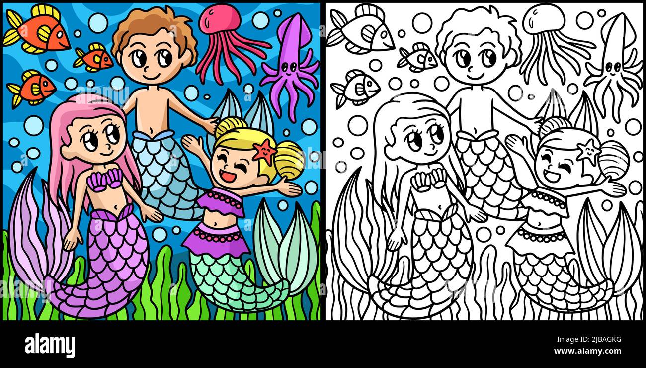 Page couleur de la famille Mermaid Illustration colorée Illustration de Vecteur