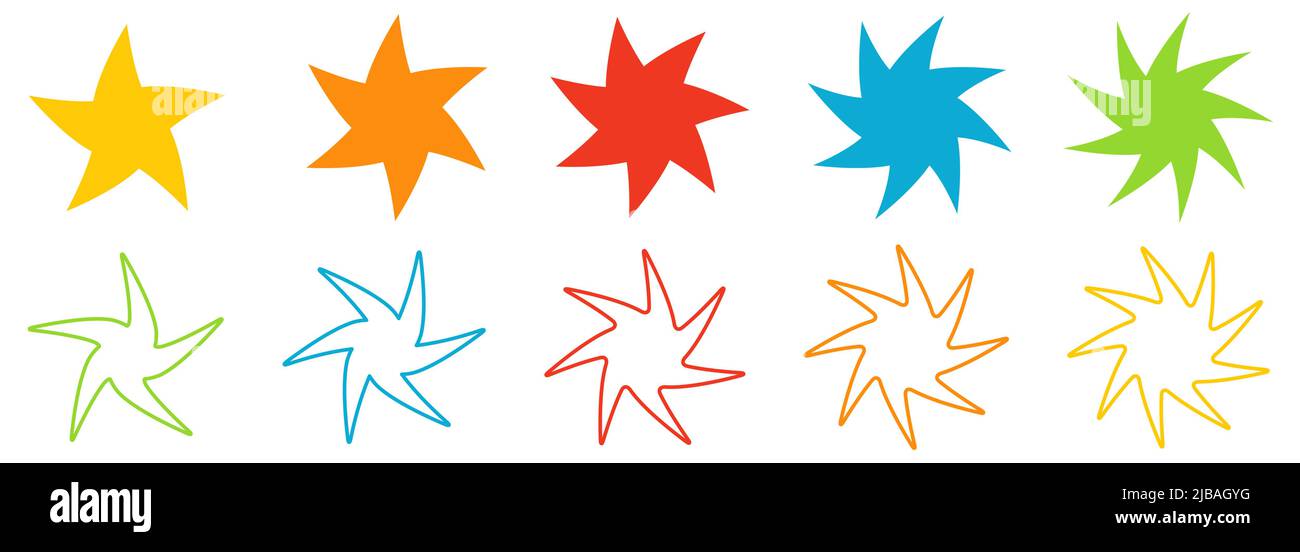 Étoile avec pointes déformées, légèrement tordues, version avec cinq à neuf points Illustration de Vecteur