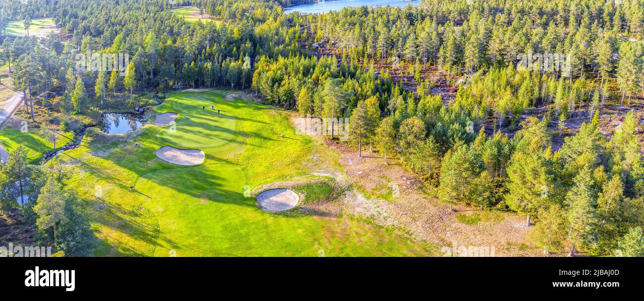 Vue aérienne sur le parcours de golf dans la forêt du Nord. Des personnes non identifiées jouent au golf sur le parcours de golf, des pins autour. Chaud jour ensoleillé excellent f Banque D'Images