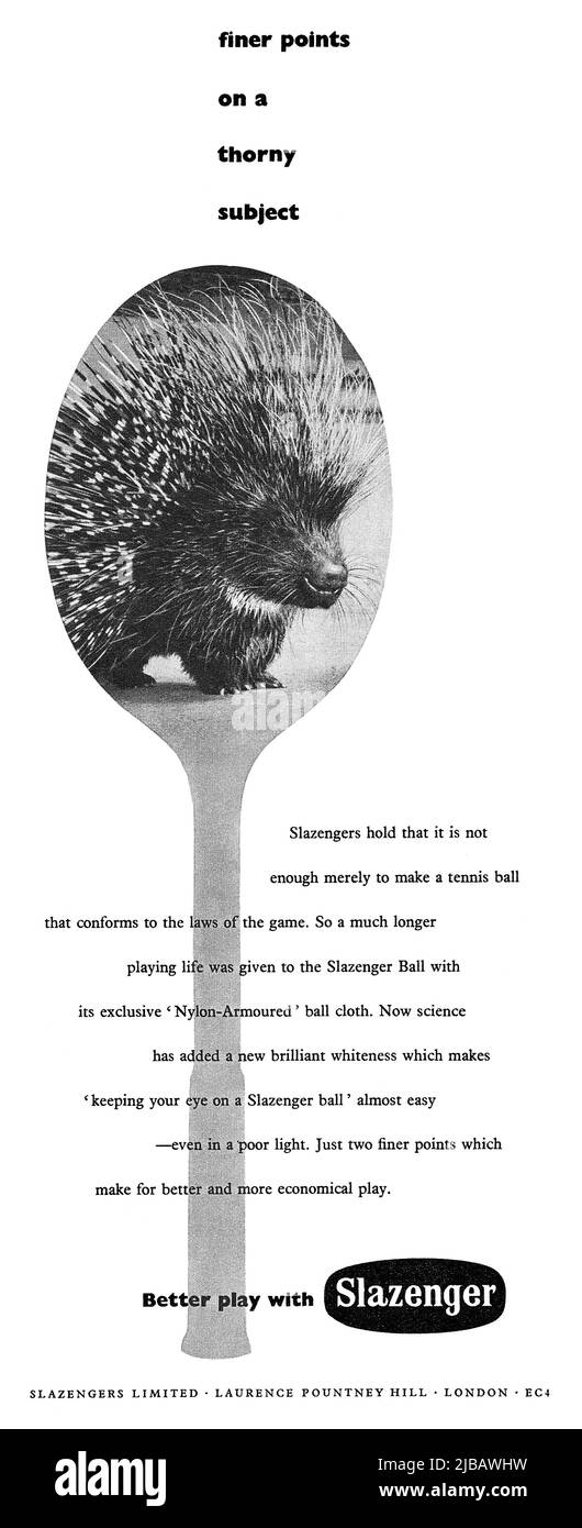 1956 Publicité britannique pour les balles de tennis Slazenger. Banque D'Images