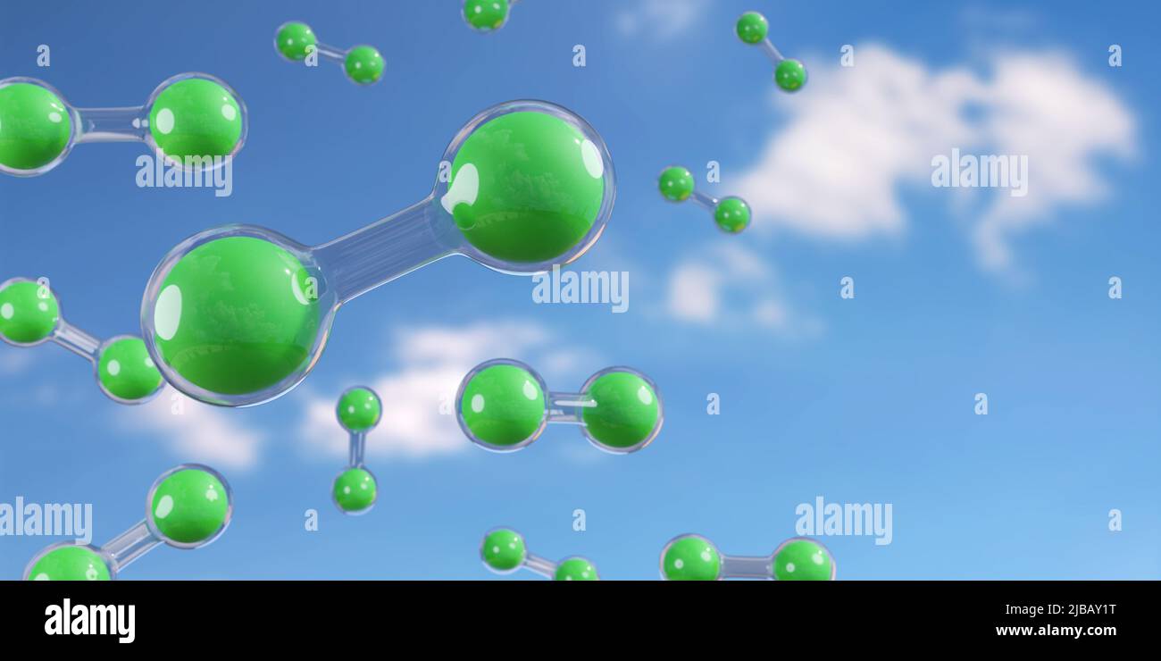 Molécules d'hydrogène vertes flottant dans l'air sur fond bleu. 3d illustration. Banque D'Images