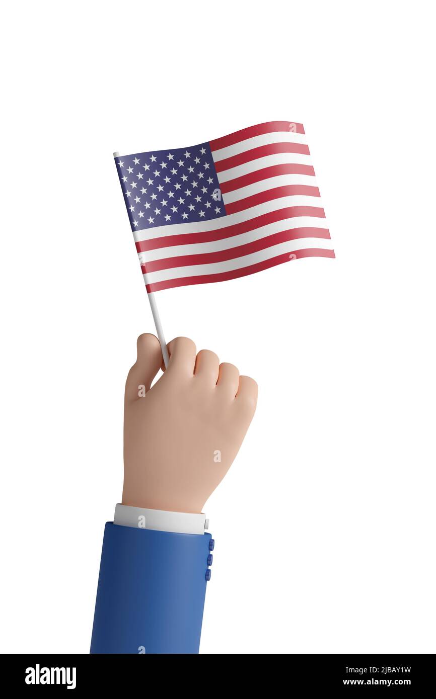 Main de dessin animé avec le drapeau des états-unis isolé sur fond blanc. 3d illustration. Banque D'Images