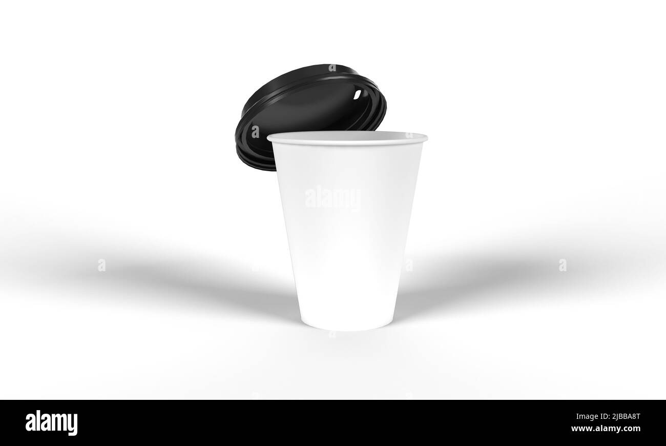 Gobelet à emporter en papier blanc à usage unique avec couvercle noir se rapprochant de l'arrière, isolé sur du blanc. 3d rendu de l'illustration pour les maquettes. Banque D'Images