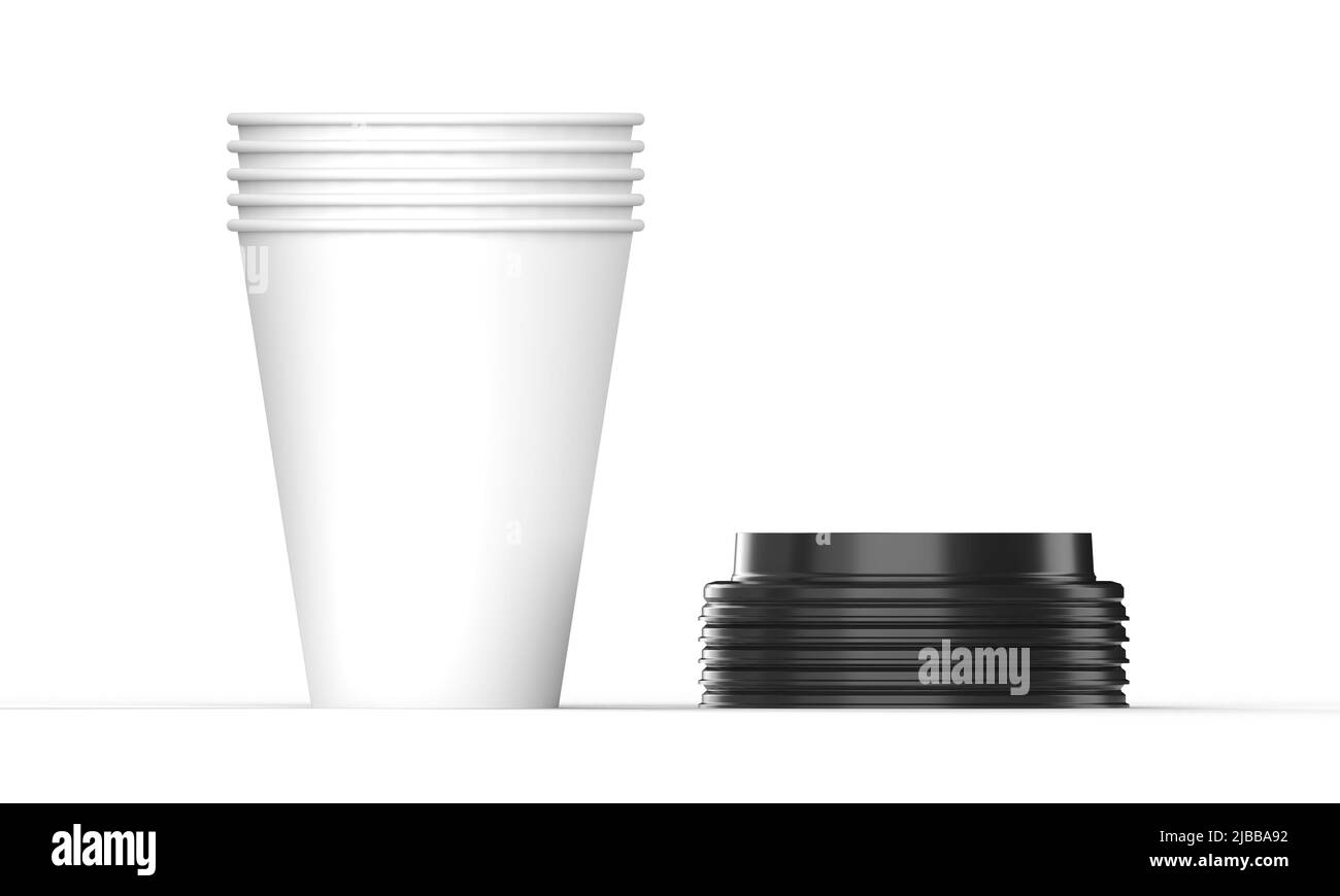 Gobelets en papier empilés avec couvercles en plastique empilés. Vue avant. 3D réaliser le rendu de l'illustration pour la présentation et la maquette du produit. Banque D'Images