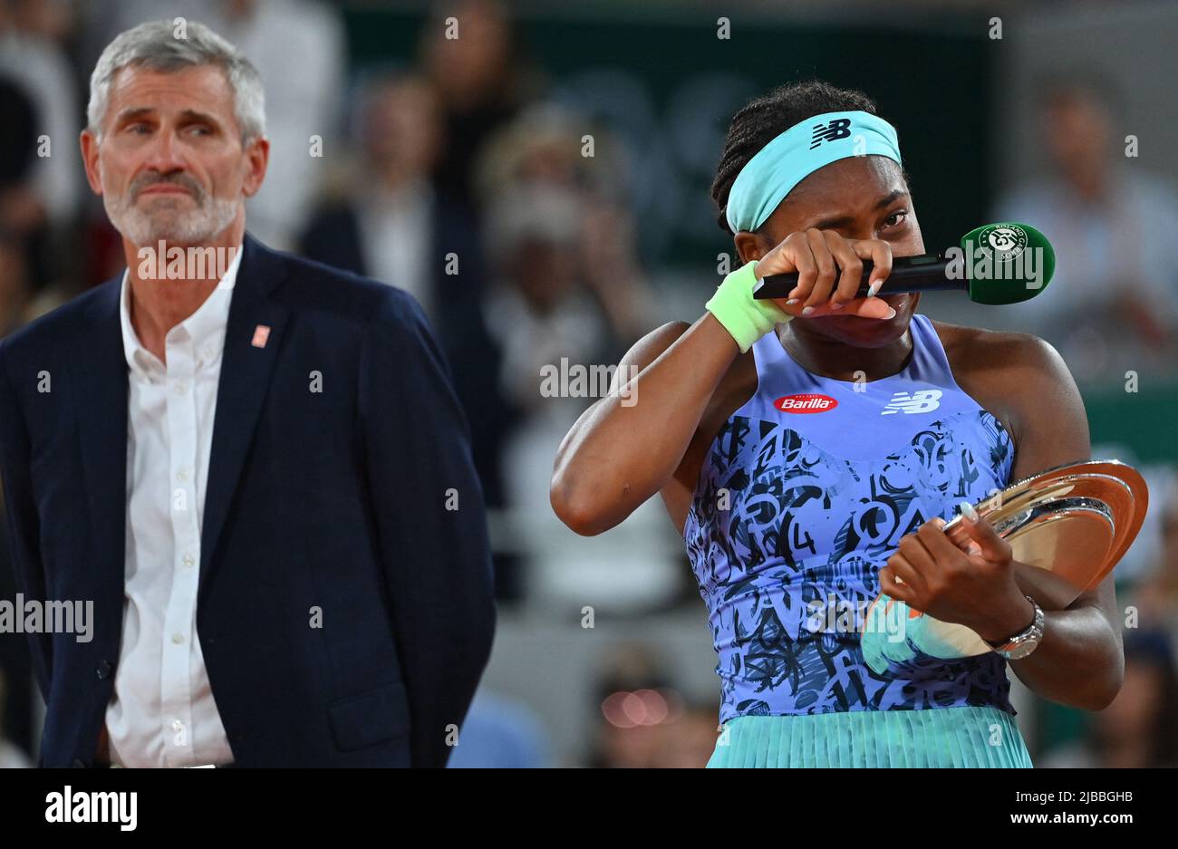 Gilles Moretton, Président de la Fédération française de tennis FFT et Coco  Gauff lors de la finale féminine, le 14 jour de Roland Garros sur 4 juin  2022 à Paris, France photo