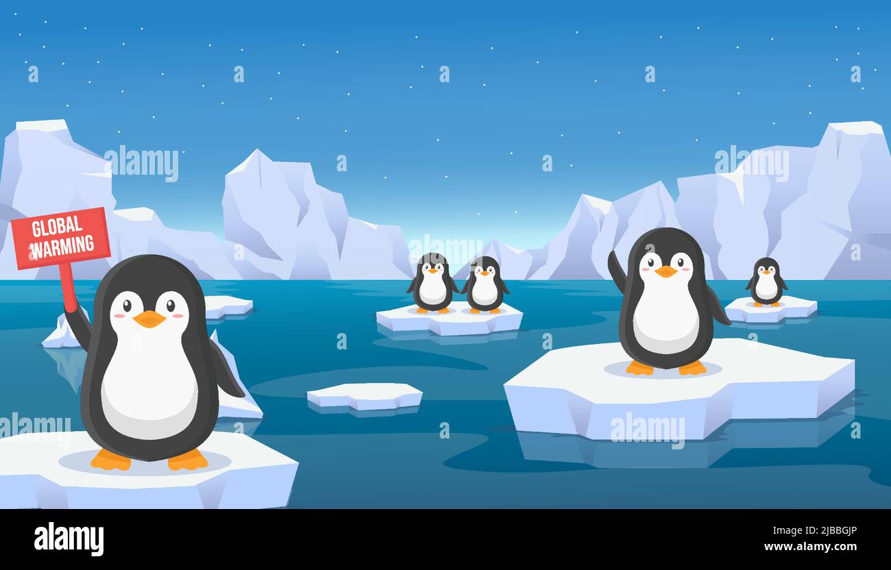 pingouins tenant une bannière sur le réchauffement climatique, debout sur la glace flottante dans le paysage de la glace arctique Illustration de Vecteur