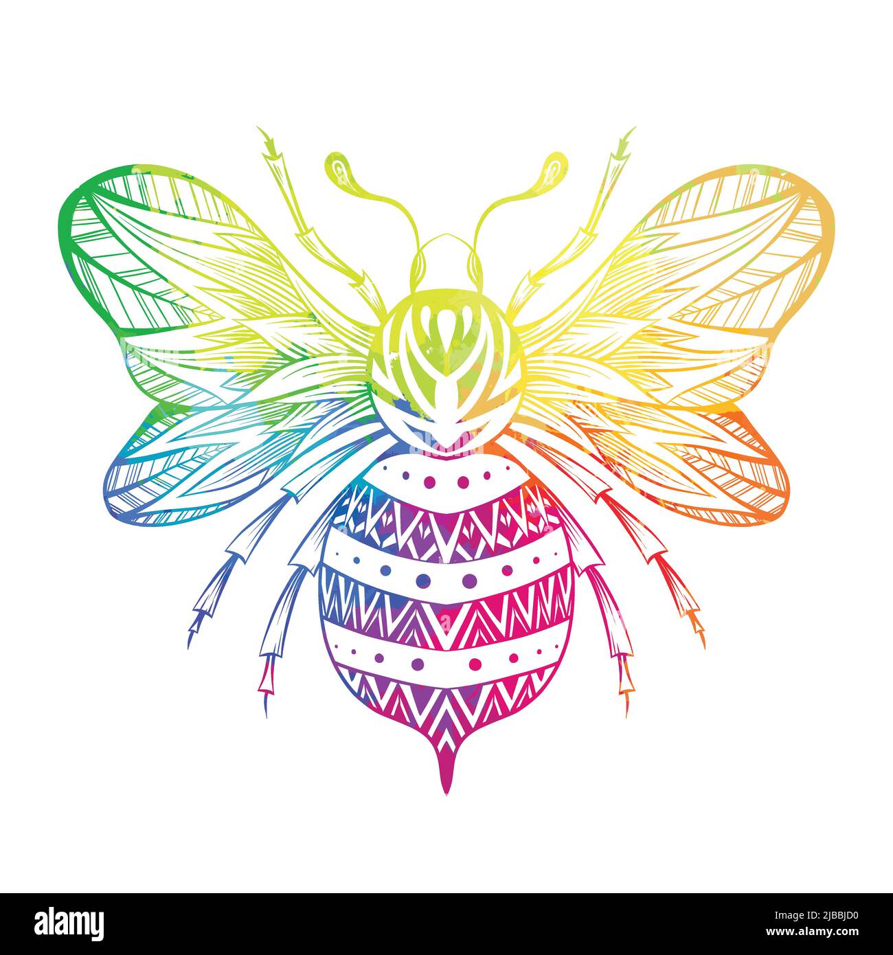 Dessin vectoriel de l'abeille aquarelle arc-en-ciel. Dessin coloré d'abeille avec décoration de tracery. Insecte avec ailes avec ornement de boho Illustration de Vecteur