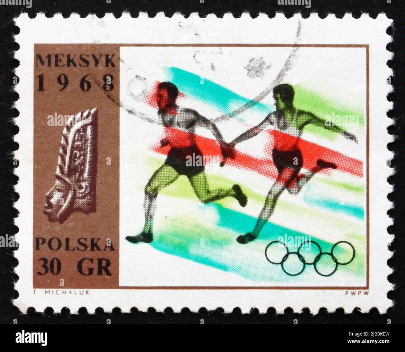 POLOGNE - VERS 1968 : un timbre imprimé en Pologne montre Relay Race, sports olympiques d'été, Mexique 68, vers 1968 Banque D'Images