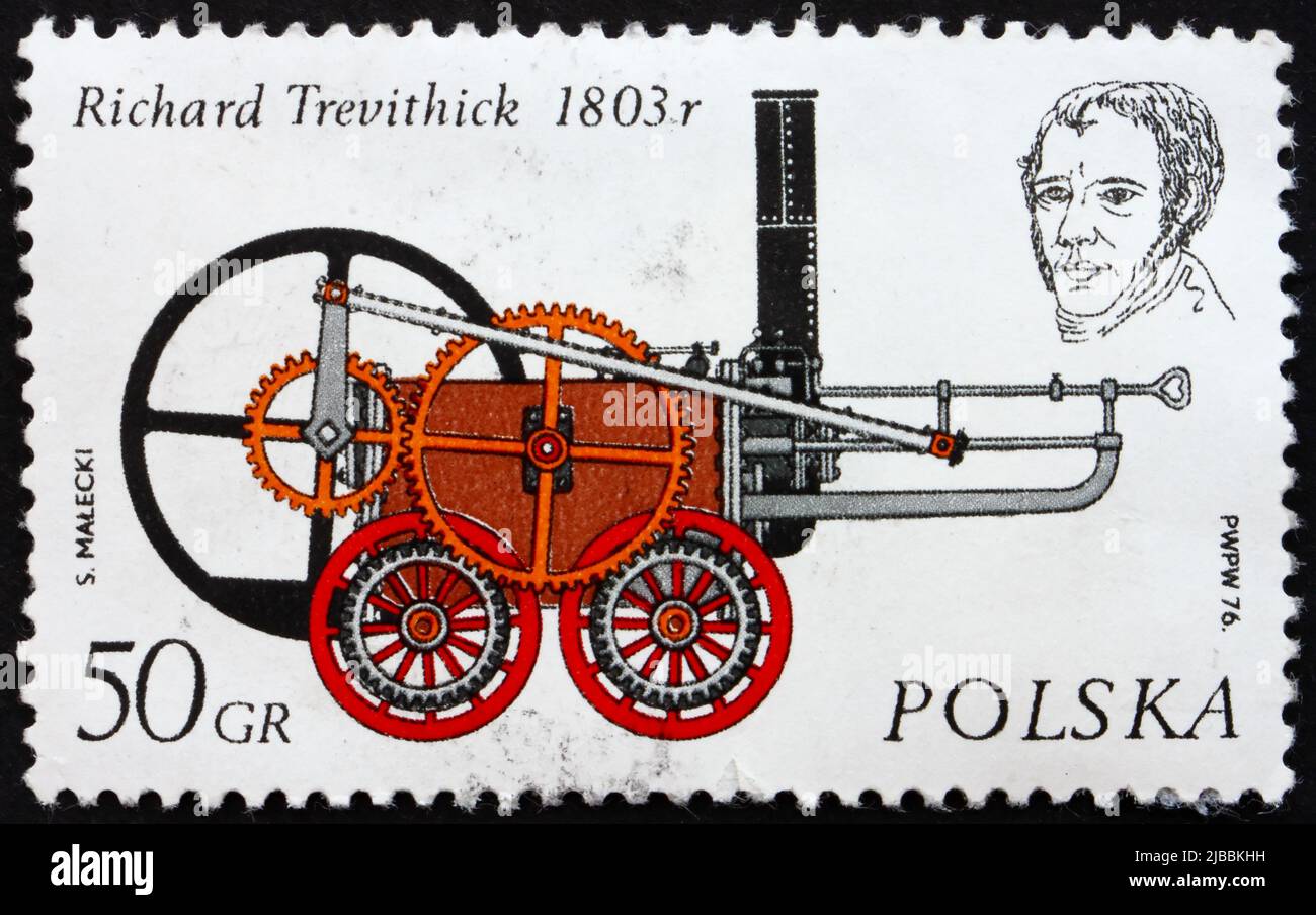 POLOGNE - VERS 1976 : un timbre imprimé en Pologne montre Engine de Richard Trevithick, 1803, vers 1976 Banque D'Images