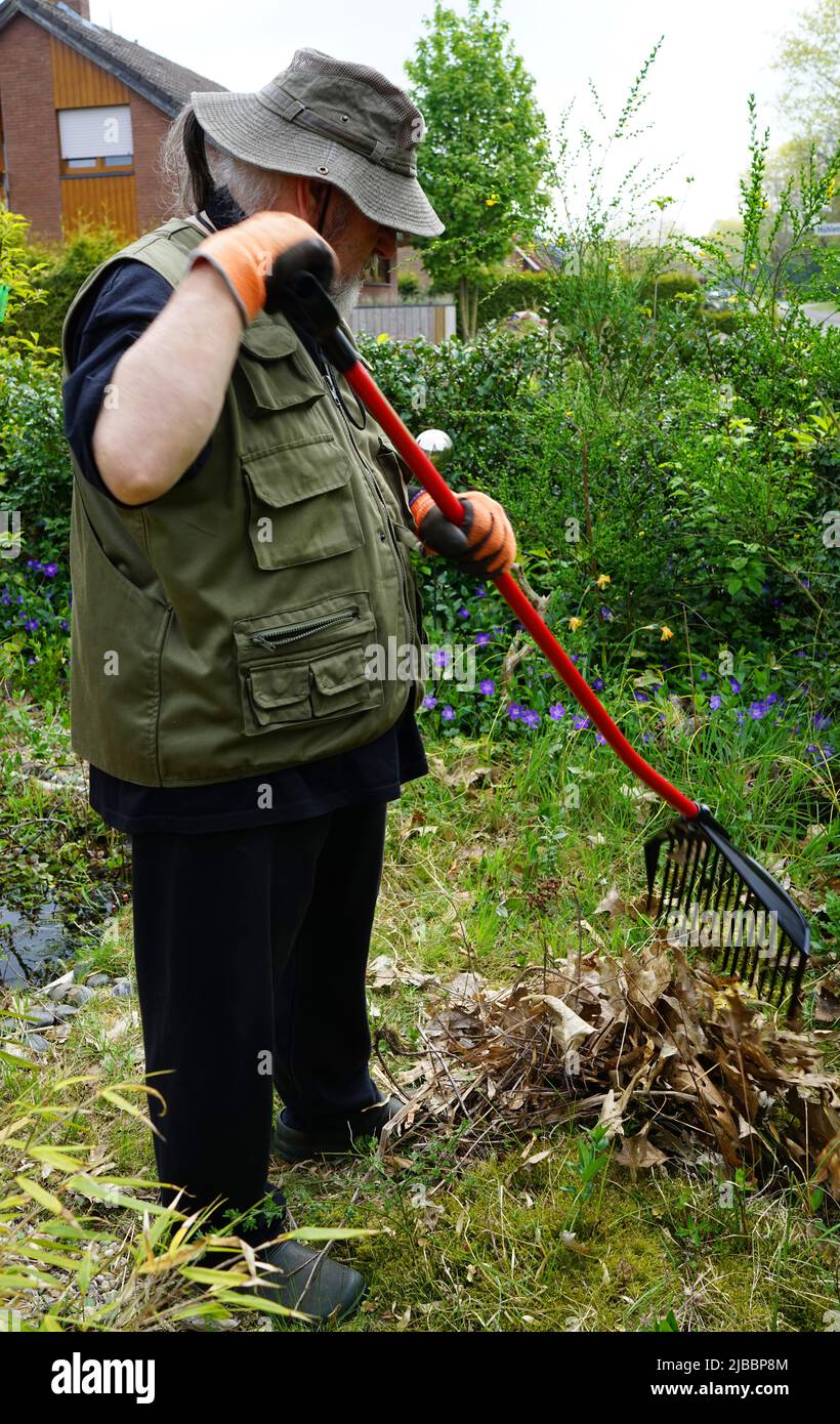 Un homme âgé travaille dans le jardin. Râteler les feuilles tombées ensemble. Il porte un chapeau pour se protéger des rayons du soleil Banque D'Images