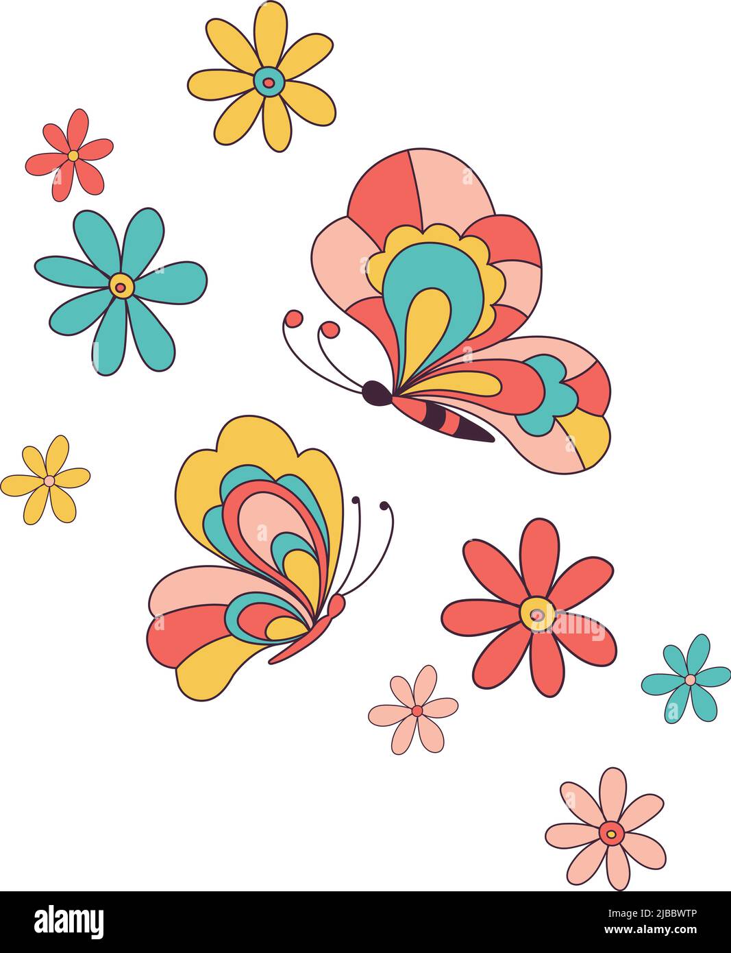 Papillon parmi fleur Retro 70s 60s Groovy hippie Flower Power vibes illustration vectorielle isolée sur blanc. Imprimé papillons aux couleurs rétro de l'été pour t-shirt. Illustration de Vecteur