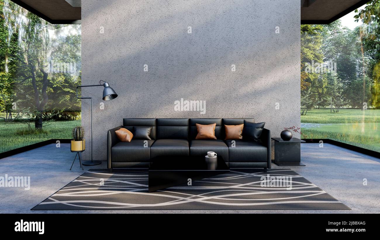 Salle de séjour intérieur dans la chambre moderne de cimenterie loft avec mur de ciment vide et fenêtre en verre clair avec vue sur le jardin, 3D rendu Banque D'Images