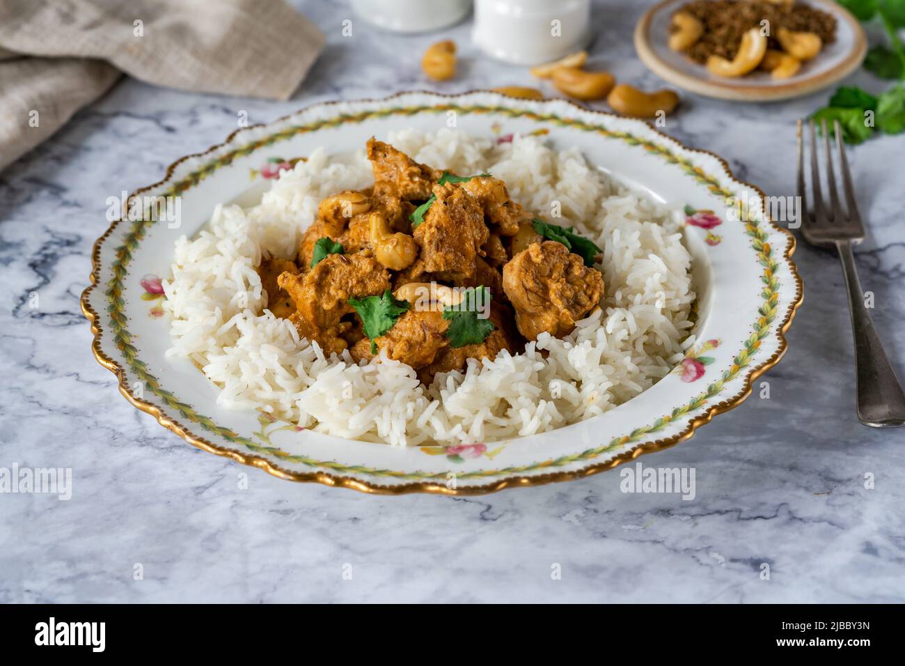 Poulet au curry de korma avec noix de cajou et riz Banque D'Images