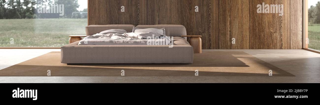 Minimalisme moderne chambre intérieur design scandinave avec mur en bois. Banque D'Images