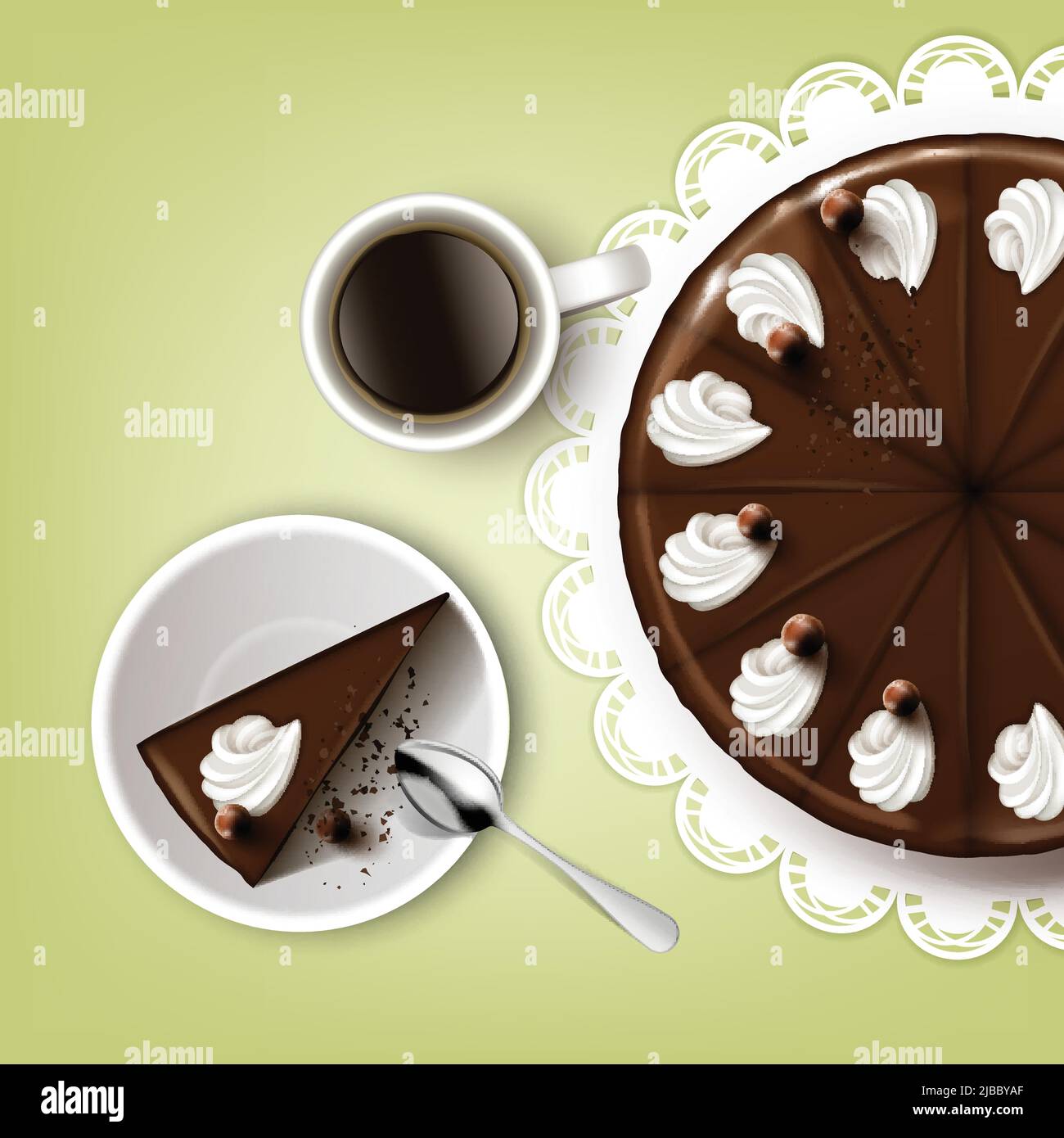 Gâteau au chocolat à découpage vectoriel avec glaçage, crème fouettée, tasse de café, cuillère, assiette, serviette en dentelle blanche vue sur le dessus isolée sur fond de pistache Illustration de Vecteur