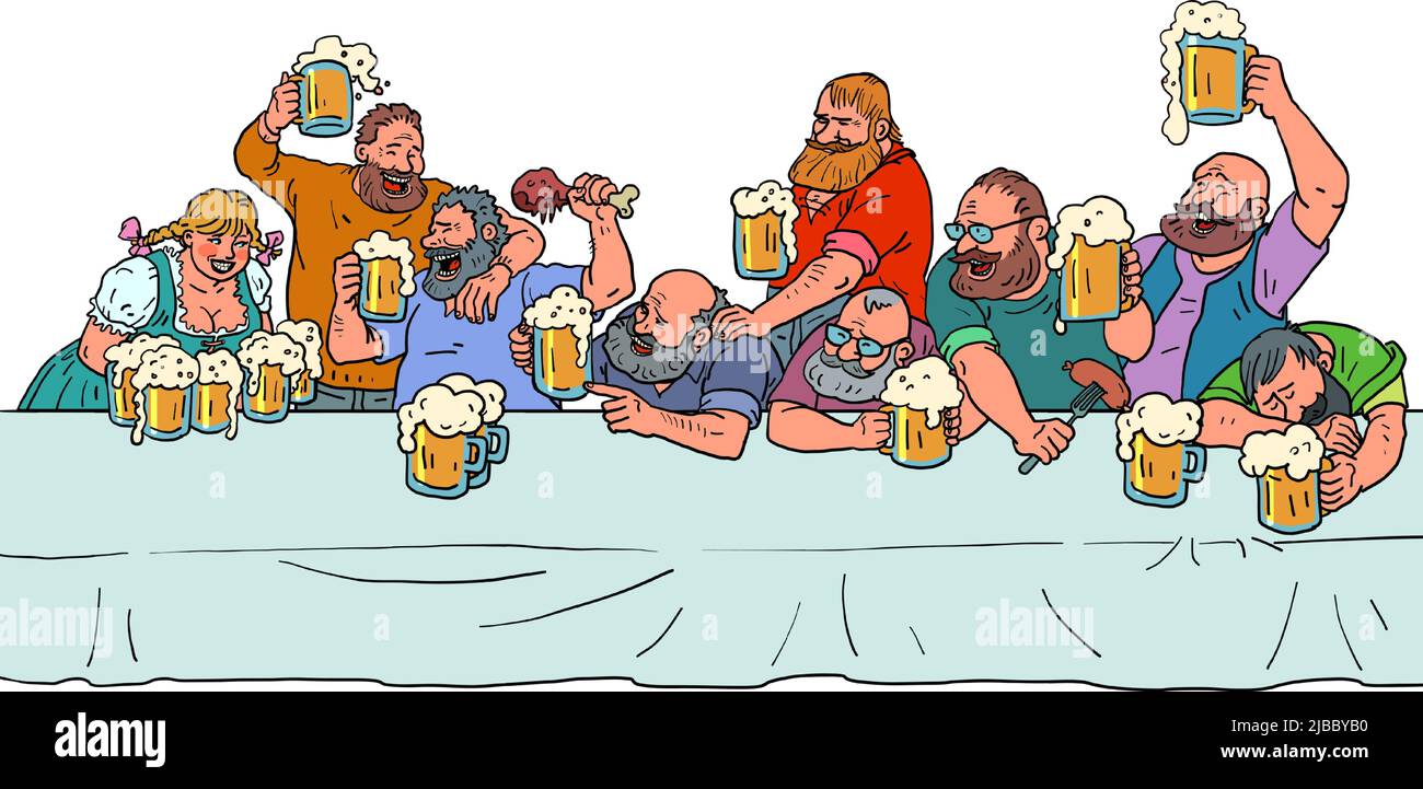 fête de la bière, oktoberfest. Les hommes boivent de la bière dans un restaurant, s'assoient à une table Illustration de Vecteur