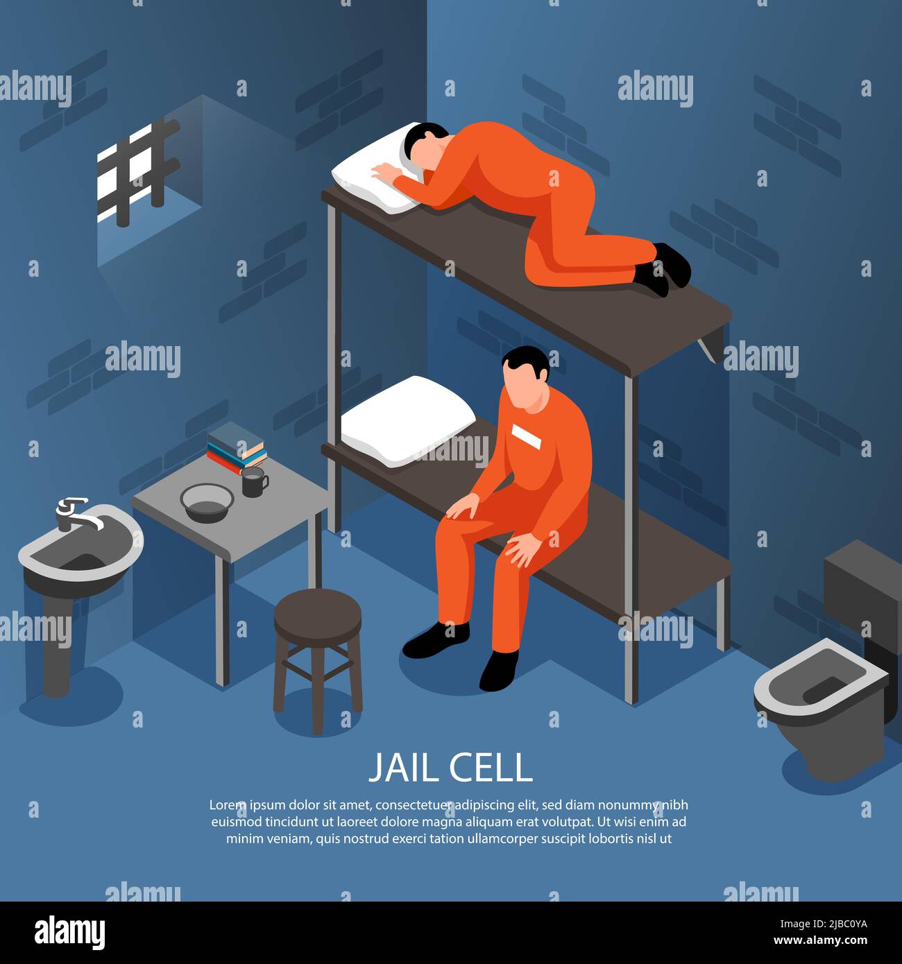 Fond intérieur de cellule de prison avec barres métalliques sur la fenêtre lavabo de cuvette de toilettes et deux détenus sur lit superposé illustration vectorielle isométrique Illustration de Vecteur