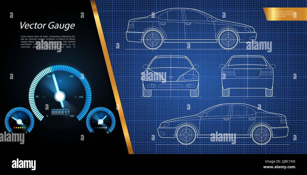 Composition moderne de course et de vitesse avec dessin d'ingénierie de concept automobile et de jauges de tableau de bord de voiture illustration vectorielle Illustration de Vecteur