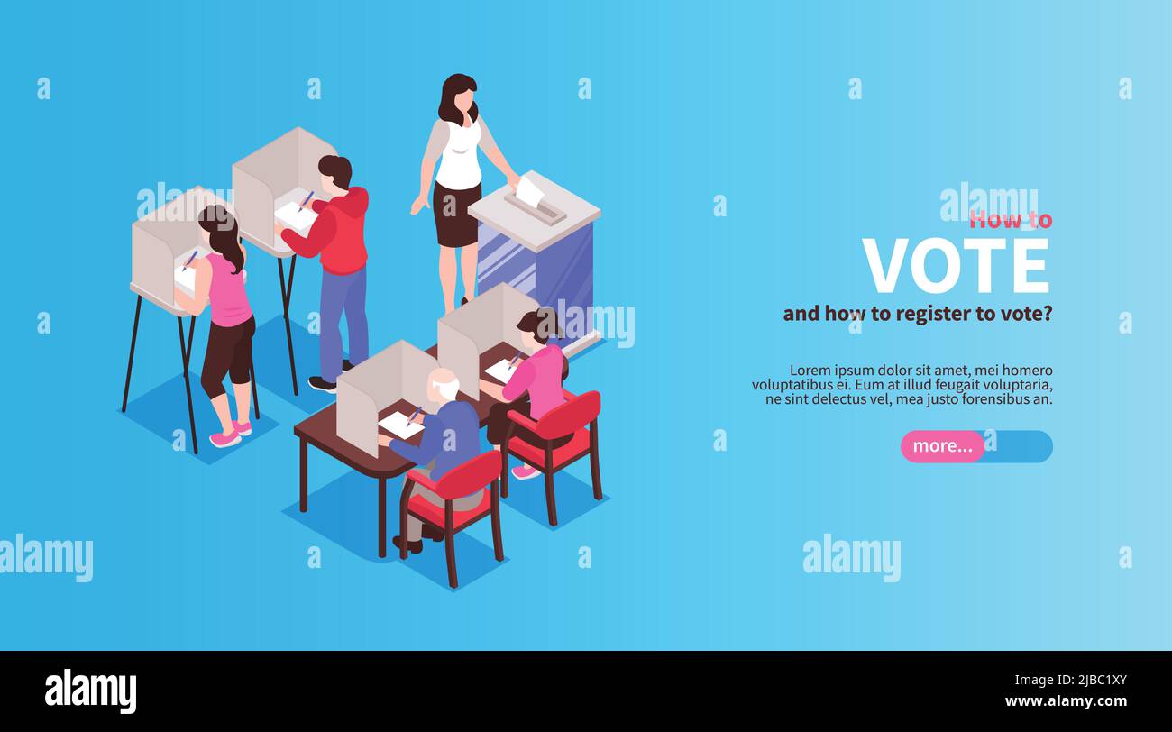 Bannière horizontale d'élection isométrique avec bouton de texte modifiable et caractères humains des personnes votantes avec illustration vectorielle de bulletins de vote Illustration de Vecteur