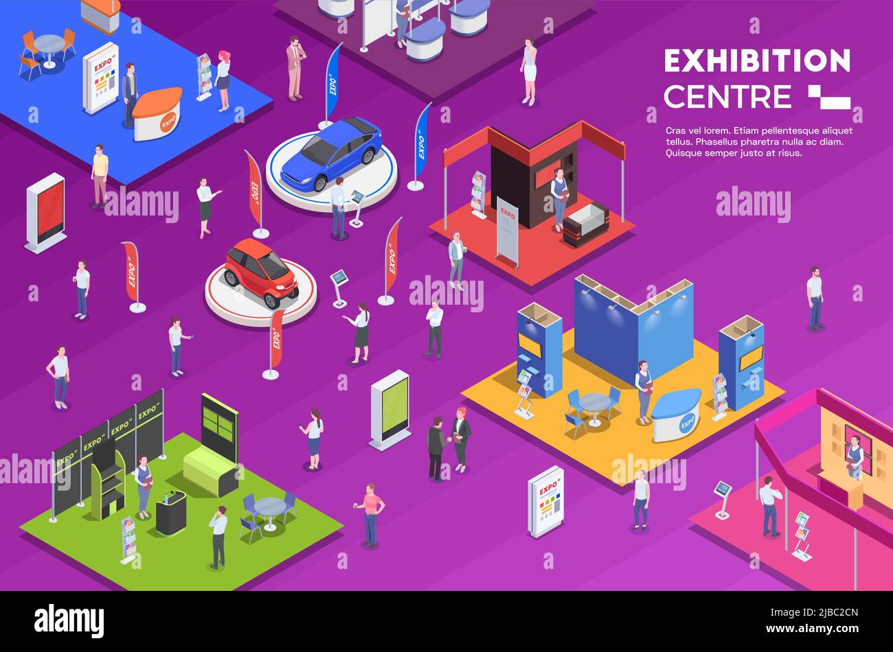 Personnes visitant le centre d'exposition avec exposition colorée stands isométrique arrière-plan 3D illustration vectorielle Illustration de Vecteur