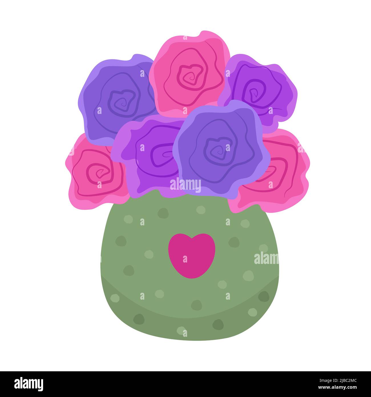Sept roses colorées dans un vase vert Illustration de Vecteur