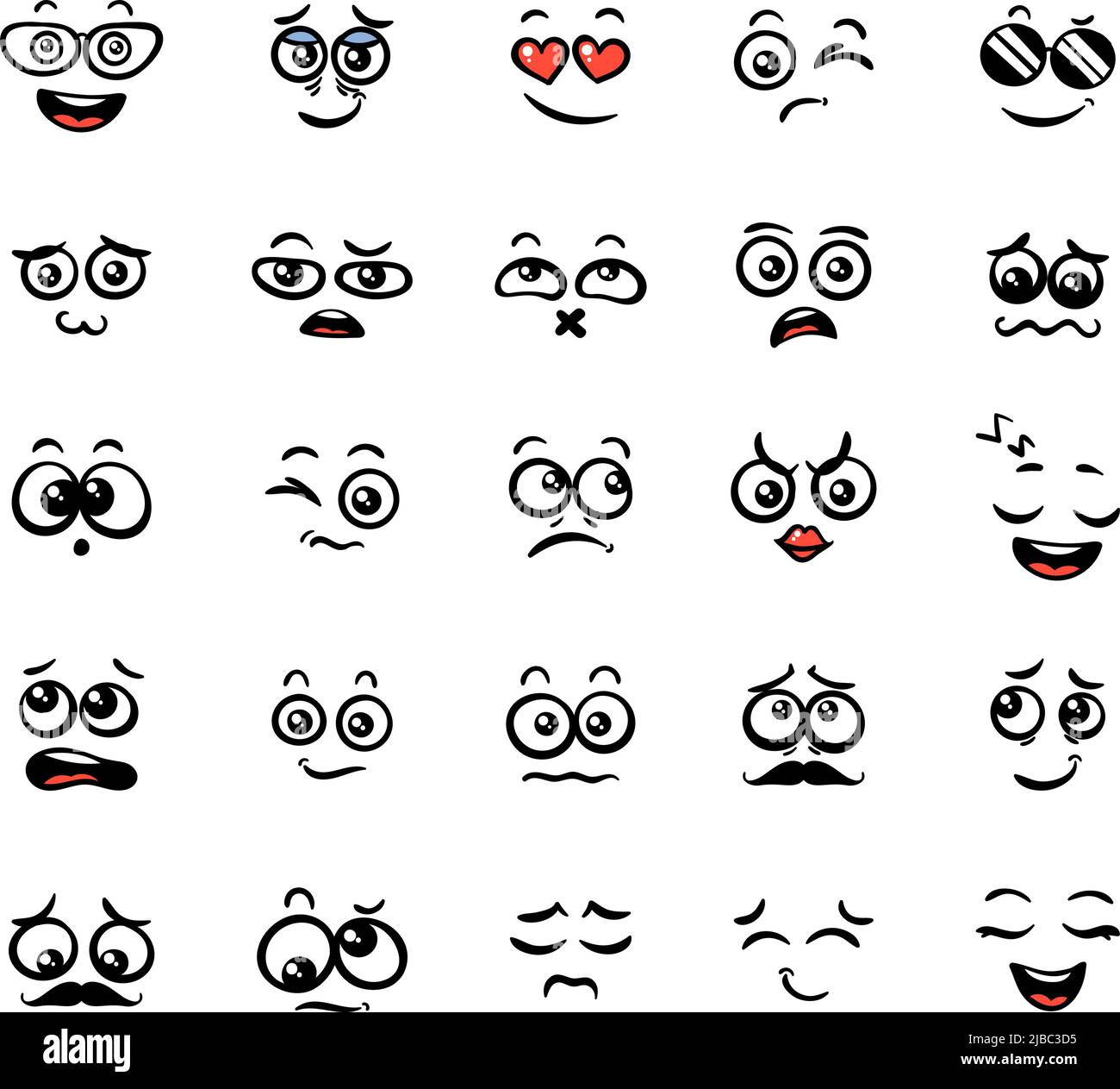 Différents jeux d'émoticônes de dessin animé. Doodle visages, yeux et bouche. Caricature expressive comic Emotions, souriant, pleurant et sursurpris visage de personnage expres Illustration de Vecteur