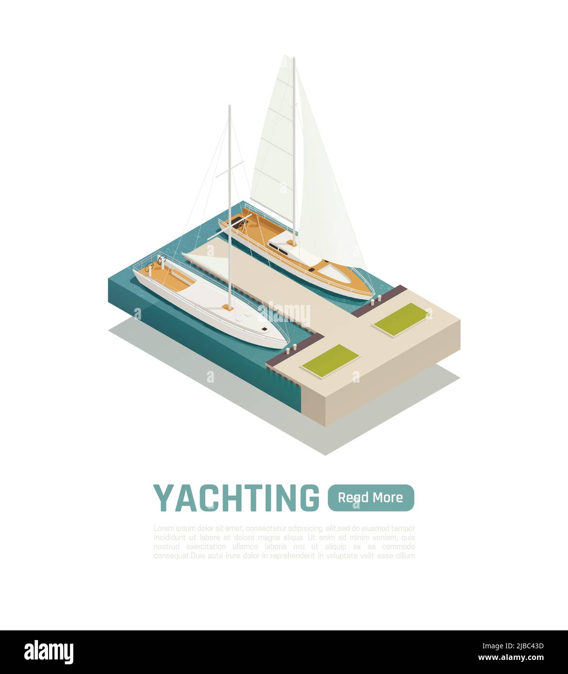 Bannière de yachting isométrique et colorée avec deux yachts ancrés et lire plus illustration de vecteur de bouton Illustration de Vecteur