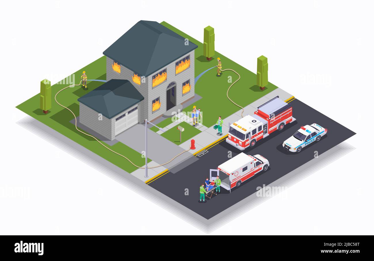 Concept isométrique avec construction sur feu et voitures de secours 3D illustration vectorielle Illustration de Vecteur