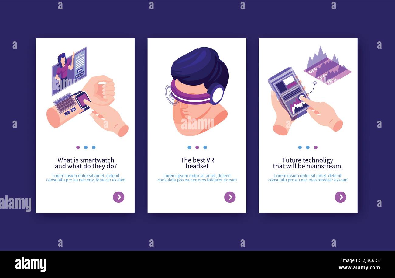 Technologies isométriques future bannière verticale avec boutons de changement de page texte et parties du corps humain avec illustration vectorielle de gadgets électroniques Illustration de Vecteur