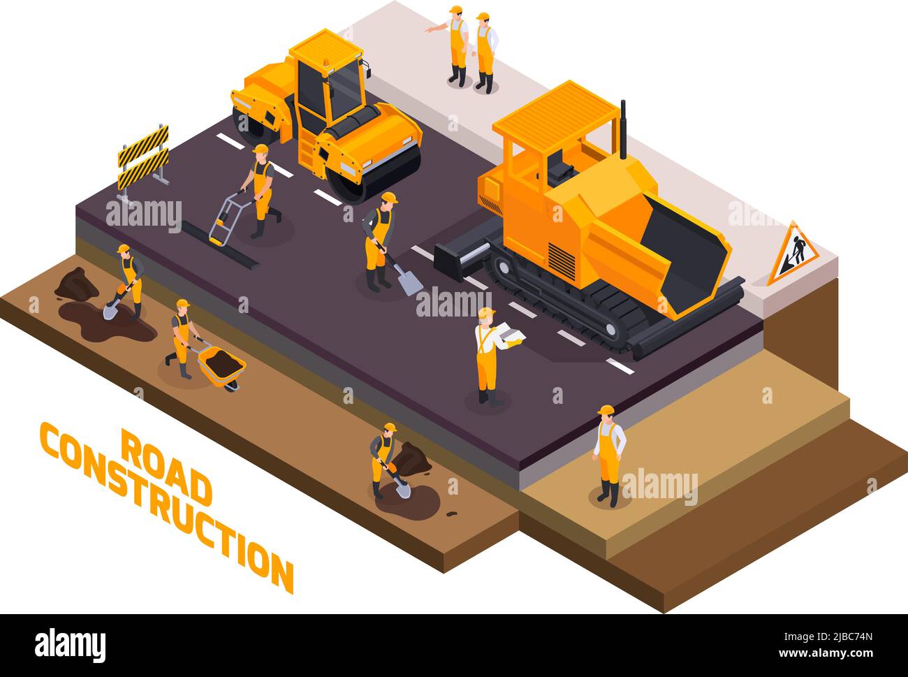 Ensemble d'icônes de construction de routes isométriques isolées avec des ouvriers construisent des routes et remplissent l'illustration du vecteur d'asphalte Illustration de Vecteur