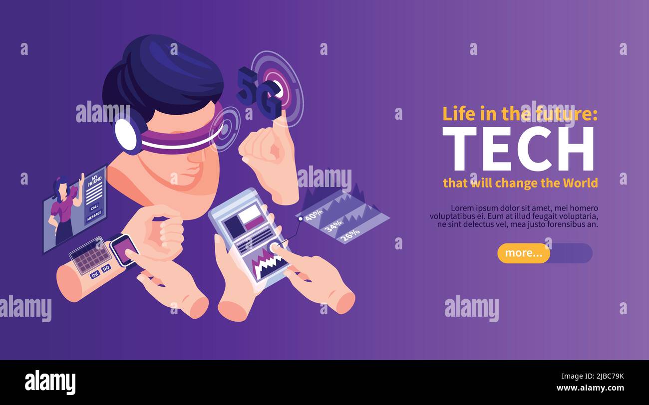 Technologies isométriques future bannière horizontale avec texte de bouton de glissière et images de dispositifs électroniques portables illustration vectorielle Illustration de Vecteur