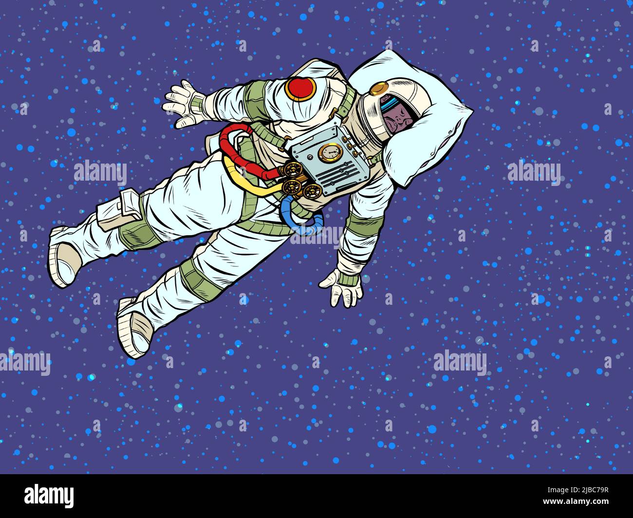Un astronaute fatigué dort dans l'espace. Un professionnel dort au travail avec sa tête sur un oreiller. Pop Art Retro Vector Illustration 50s 60s Vintage ki Illustration de Vecteur