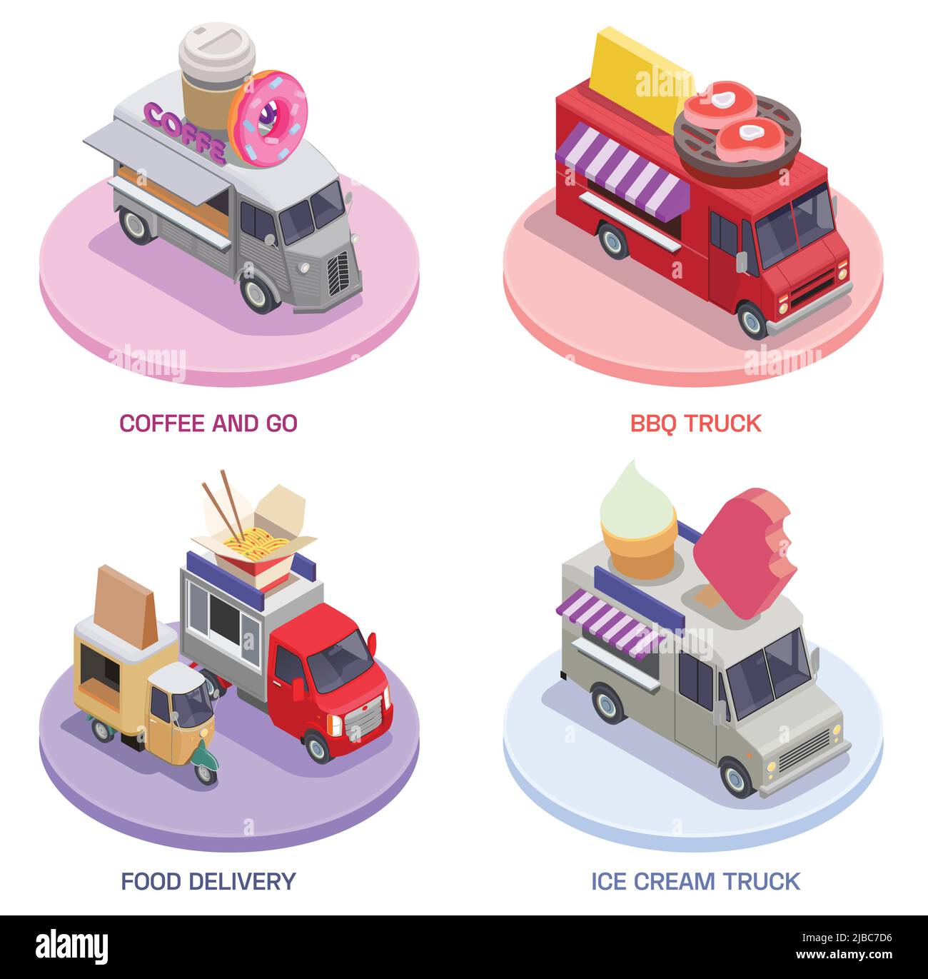 Ensemble isométrique de quatre plates-formes rondes avec stands de restauration rapide de rue et illustrations vectorielles de légendes de texte modifiables Illustration de Vecteur