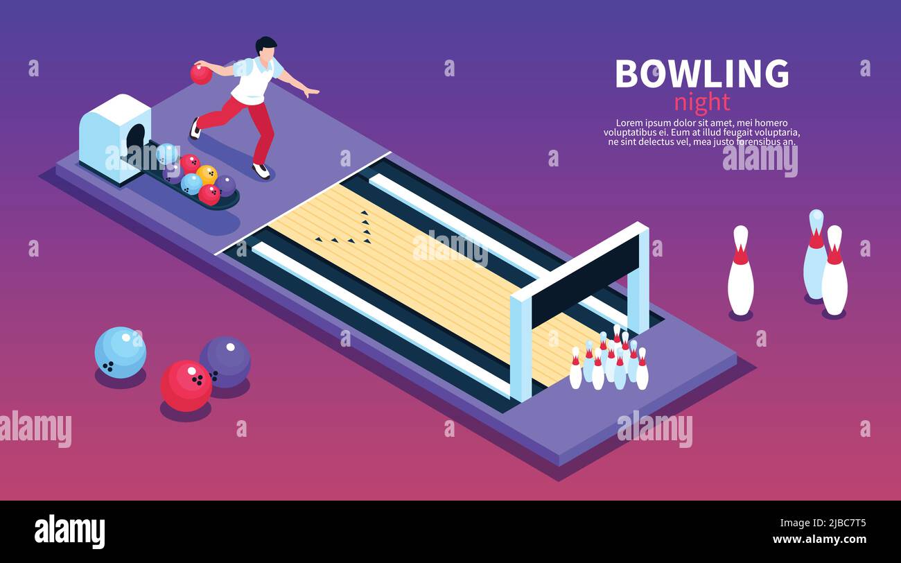 Bowling lounge soirée divertissement idée pente isométrique fond bannière horizontale avec joueur lancer balle vecteur illustration Illustration de Vecteur