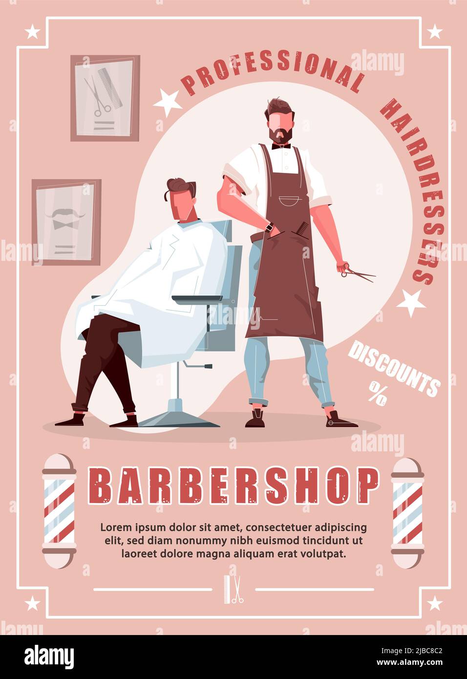 Bannière verticale barbershop avec réduction ajouter et professionnel coiffeur caractère faire mode coupe de cheveux à l'illustration de vecteur plat de client mâle Illustration de Vecteur