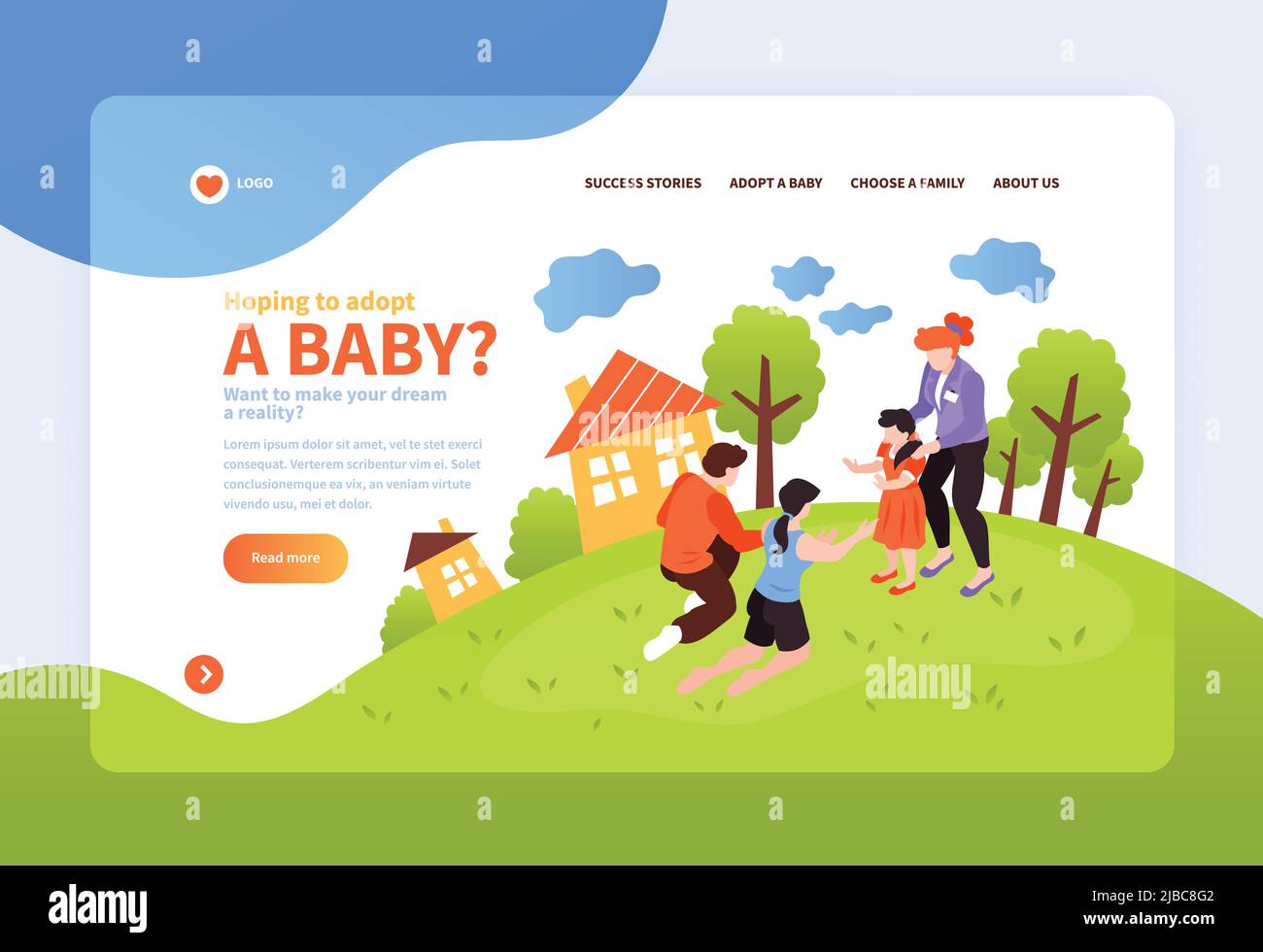 Page d'accueil du site Web de la bannière du concept de garde d'adoption isométrique avec boutons de liens cliquables et illustration vectorielle de texte modifiable Illustration de Vecteur