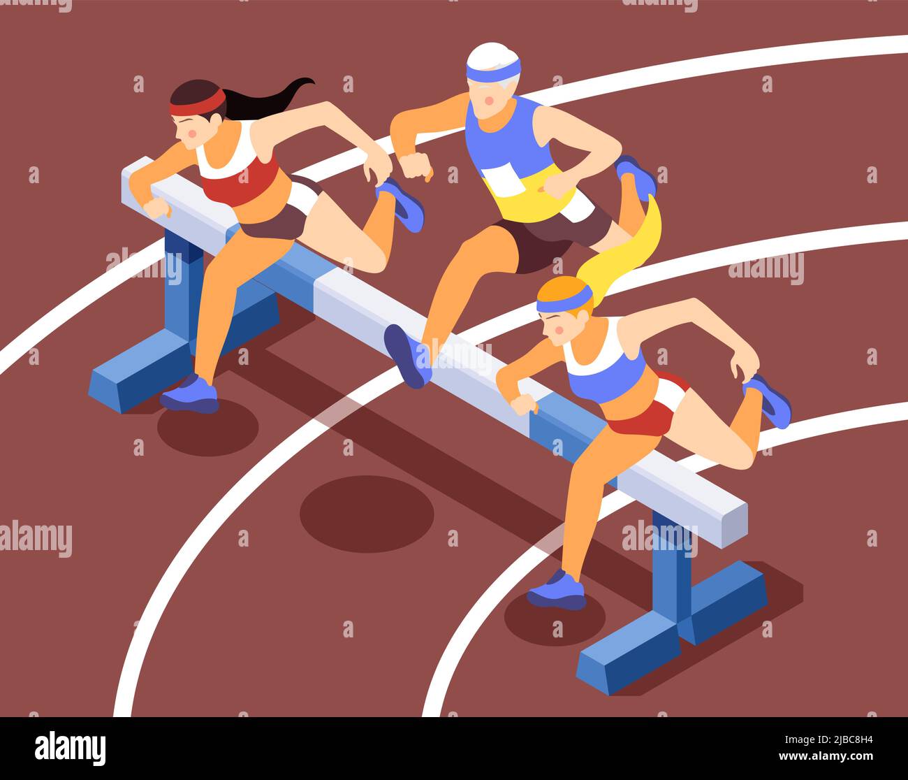 Compétition sur piste de sport compositions de fond isométriques avec des athlètes de course à pied haies sautant sur des obstacles illustration vectorielle Illustration de Vecteur