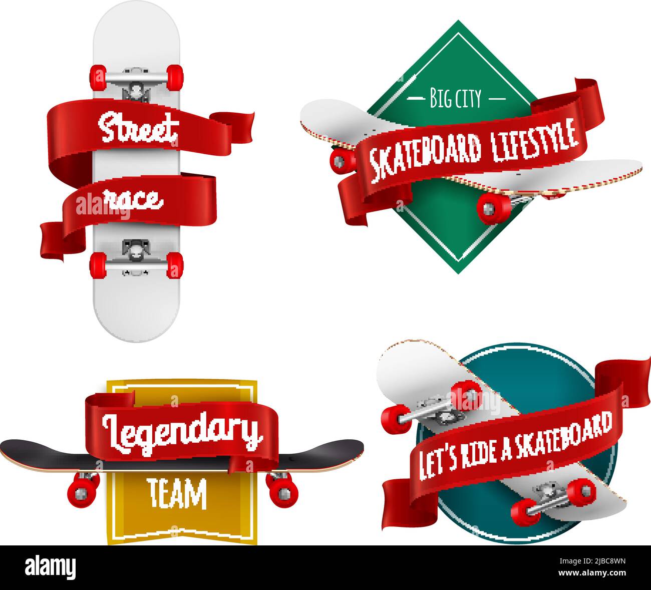 Les planches à roulettes arborent un ensemble réaliste avec un stock de sport décoré de rubans rouges représentant un vecteur d'illustration Illustration de Vecteur