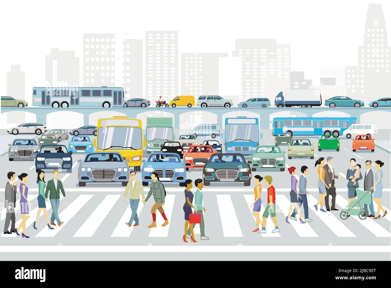 Silhouette de ville avec des personnes sur le passage de côté et la circulation routière, illustration Illustration de Vecteur