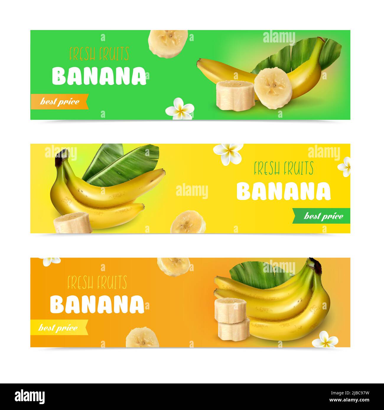 Banane réaliste bannières horizontales avec publicité de fruits frais et meilleur prix isolé illustration de vecteur Illustration de Vecteur