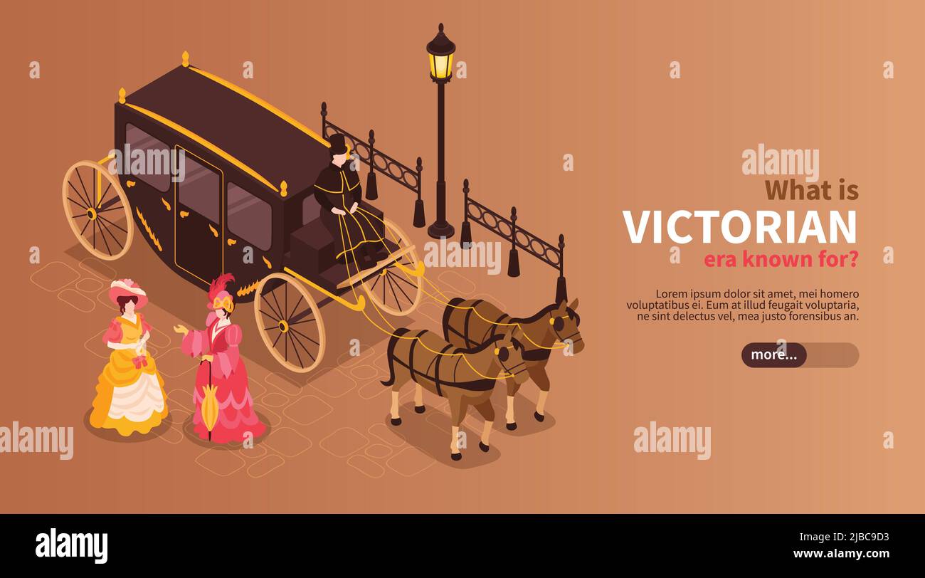 Bannière horizontale de l'époque victorienne avec des femmes vêtues de vêtements du 19th siècle et chariot tiré par deux chevaux illustration vectorielle isométrique Illustration de Vecteur