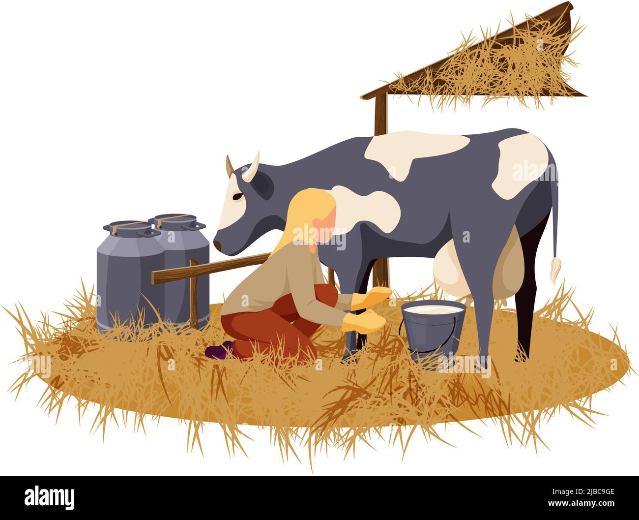 Femme qui traite la vache sur une ferme biologique illustration de vecteur plat Illustration de Vecteur