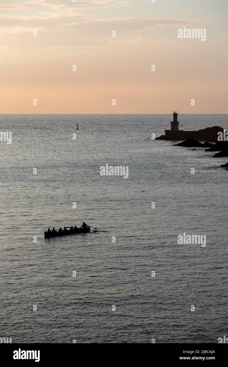rameurs en formation de chalutiers en mer Banque D'Images