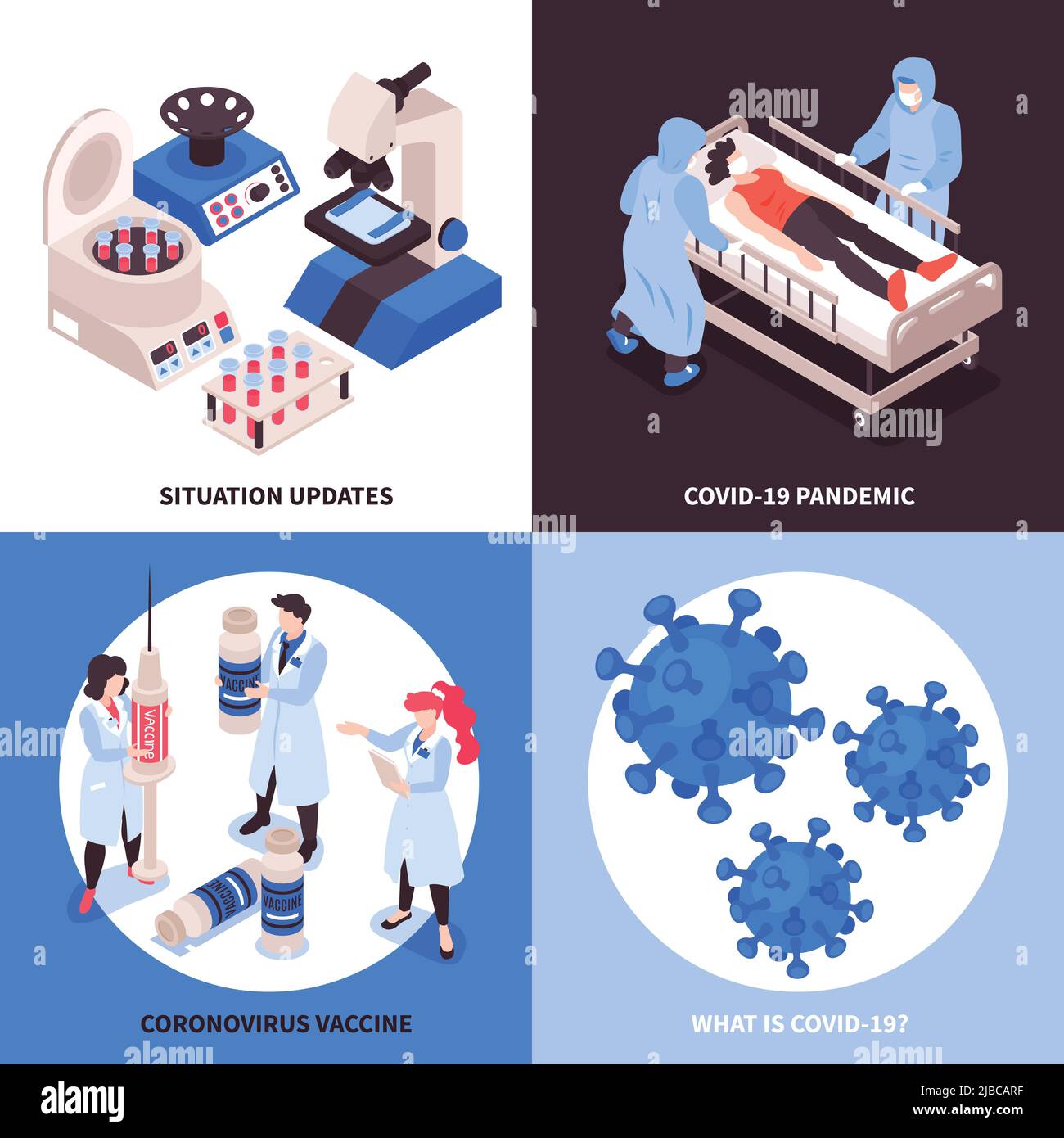Concept de vaccination isométrique du coronavirus avec compositions 2x2 de bactéries virales images médecins et équipement de laboratoire illustration vectorielle Illustration de Vecteur