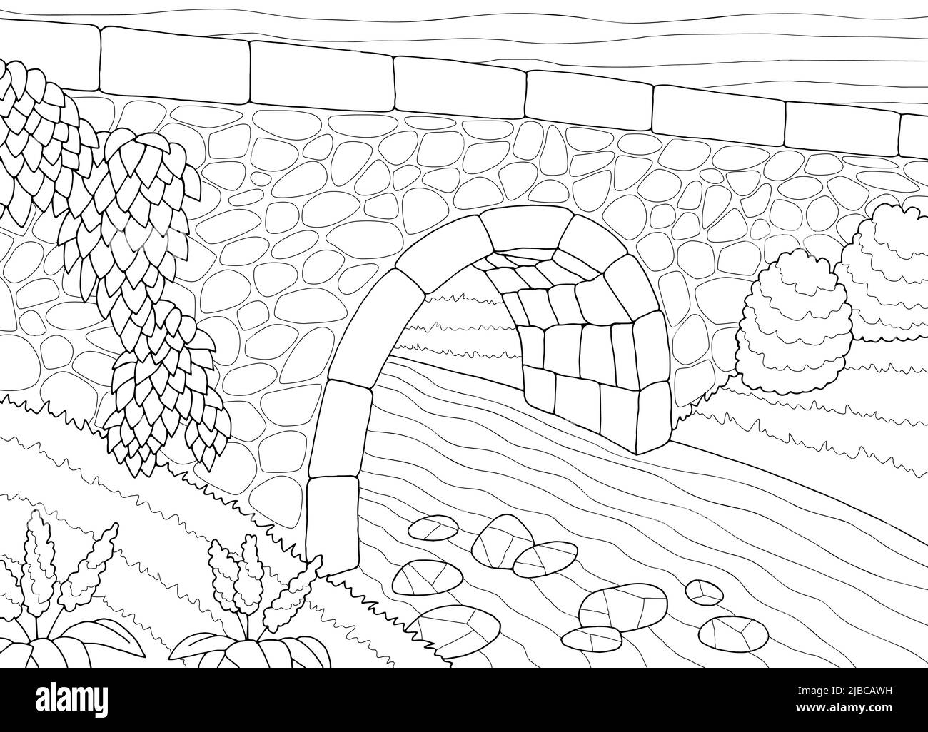 Bridge coloriage graphique rivière noir blanc paysage dessin vecteur d'illustration Illustration de Vecteur