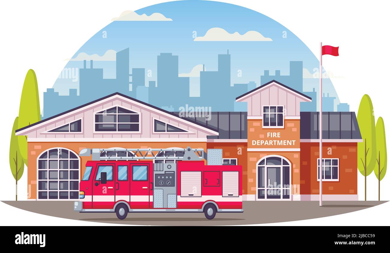 Composition de dessins animés de pompiers avec fond urbain rond et bâtiment de service d'incendie avec illustration de vecteur de lutte contre l'incendie Illustration de Vecteur
