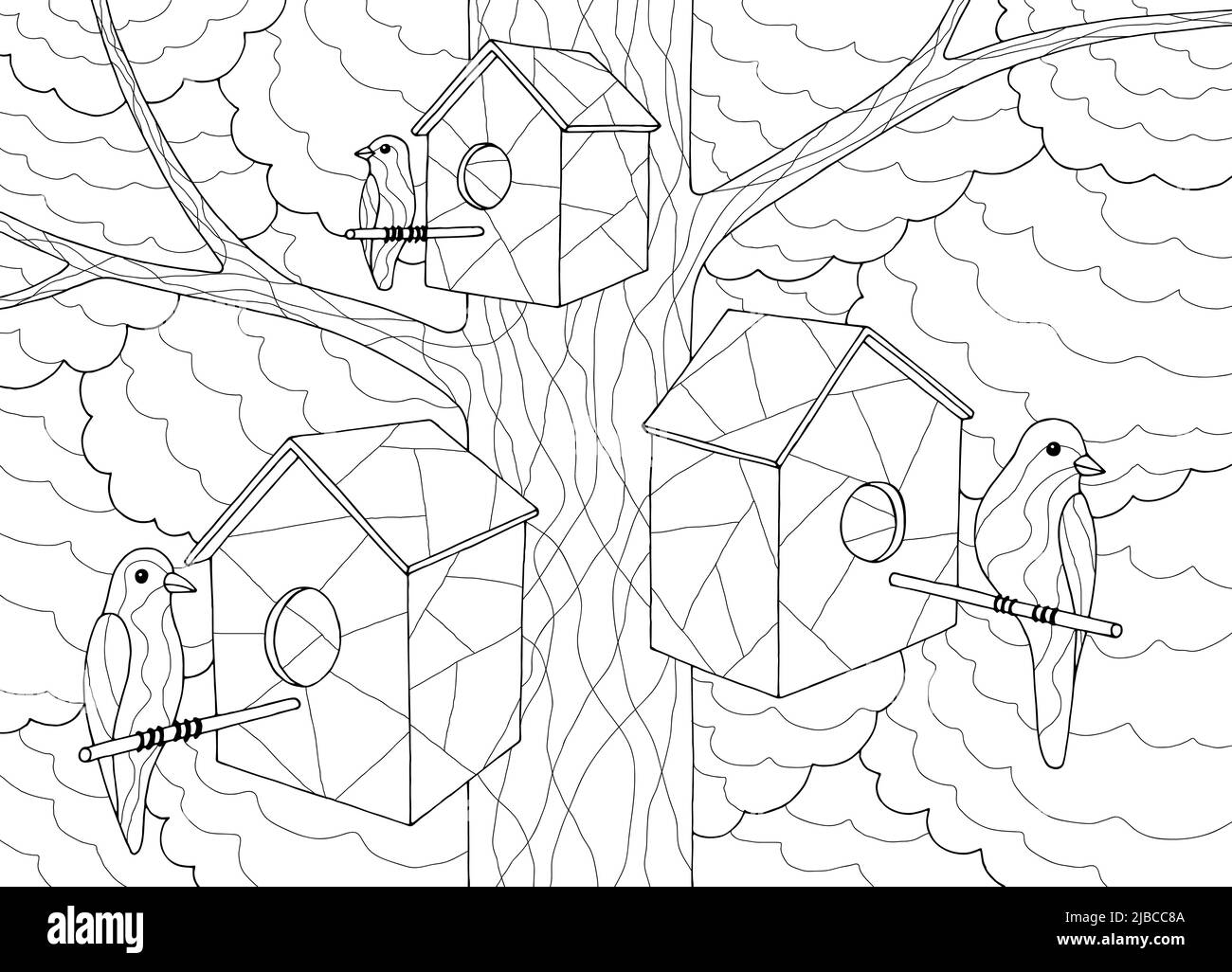 Oiseaux colorant assis sur l'arbre birdhouse graphique noir blanc esquisse illustration vecteur Illustration de Vecteur