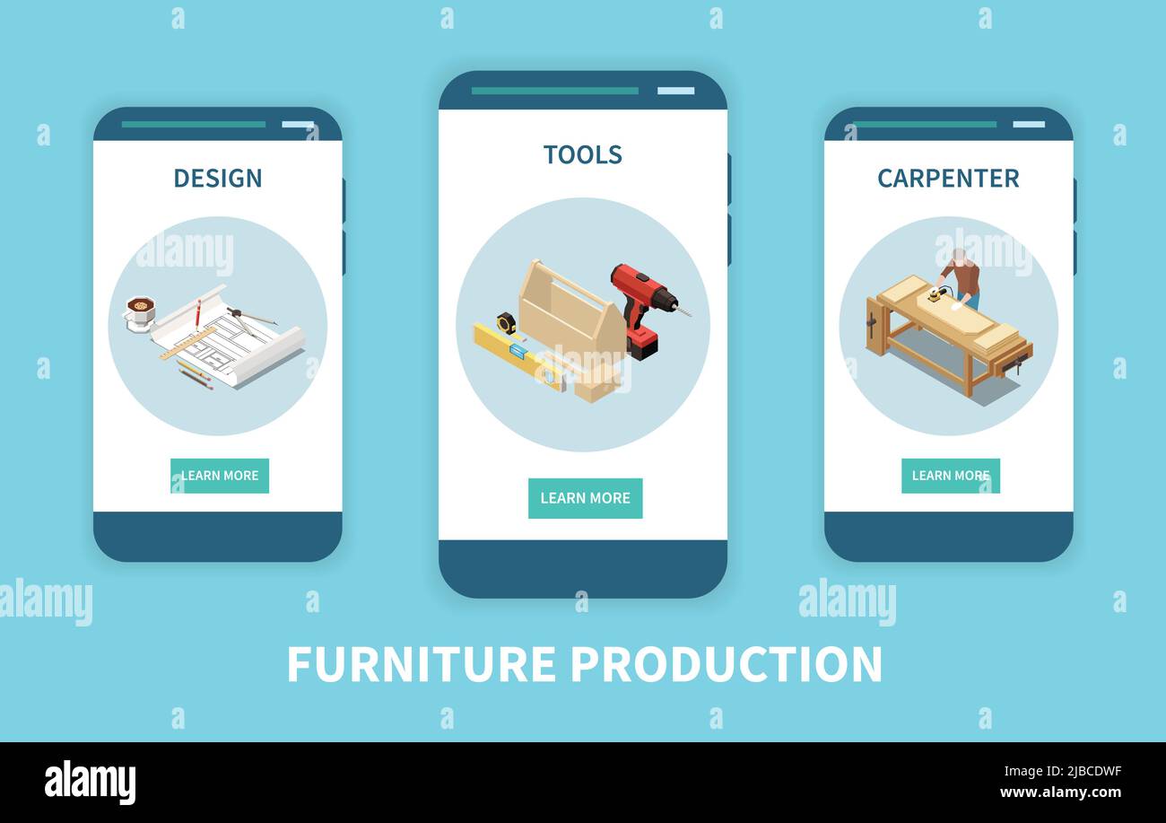 Menuiserie sur mesure mobilier en ligne info 3 écrans isométriques de smartphone avec outils design travail du bois illustration vectorielle de production Illustration de Vecteur