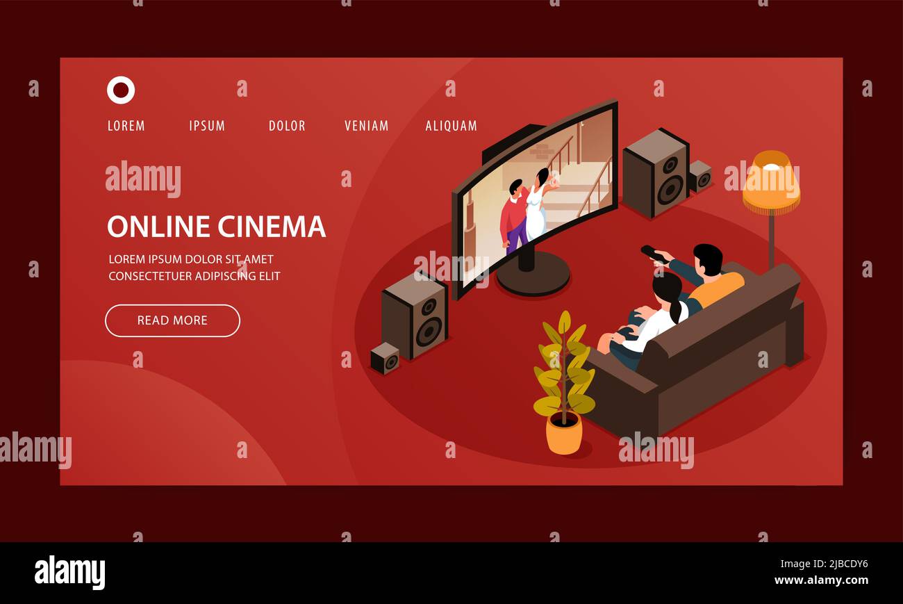 Page d'accueil de modèle de site web de cinéma en ligne isométrique avec liens cliquables et illustration vectorielle d'images de téléviseur Illustration de Vecteur