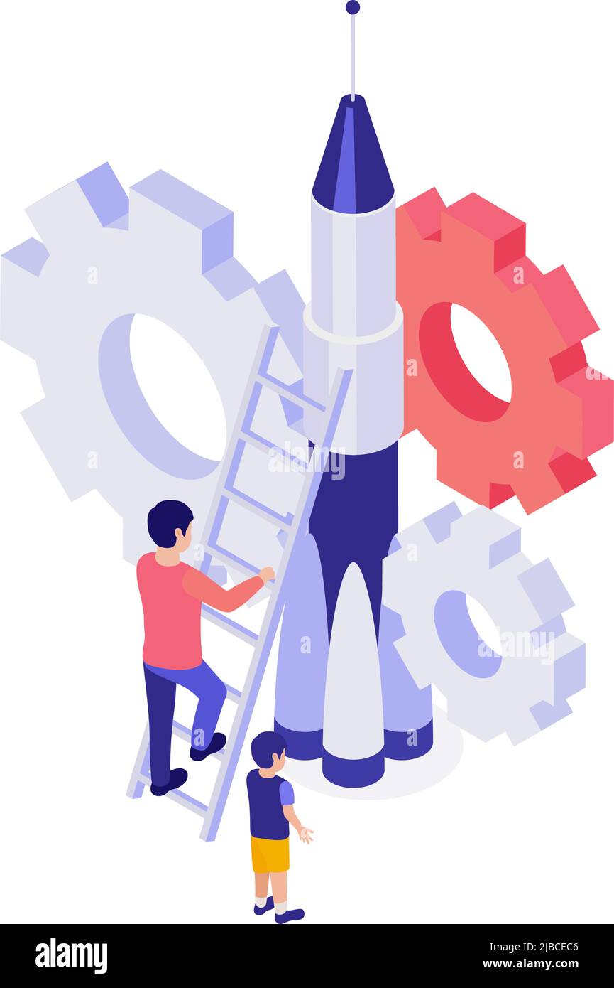 Concept d'éducation isométrique avec des personnages humains roquette et roues dentées 3D illustration vectorielle Illustration de Vecteur